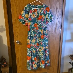 Floral V-Neck Midi Dress in Teal with Orange Accents Ptp 21, Length 47